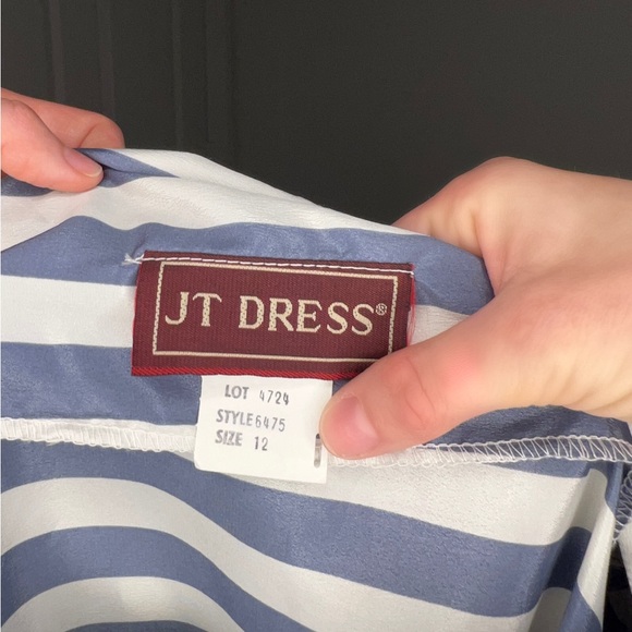 Vintage JT Dress 80s Blue and White Stripe Pleated Long Sleeve, Tea Length Dress - Picture 9 of 9